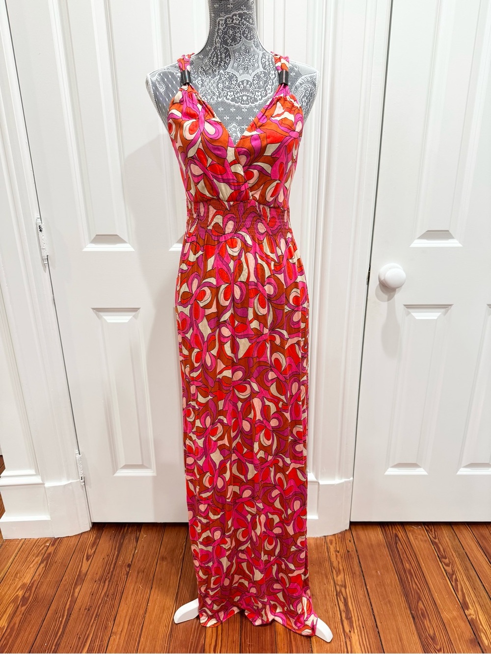 New Vibrant Pink & Red Patterned Maxi Dress with Smocked Waist by Lascana Sz 8